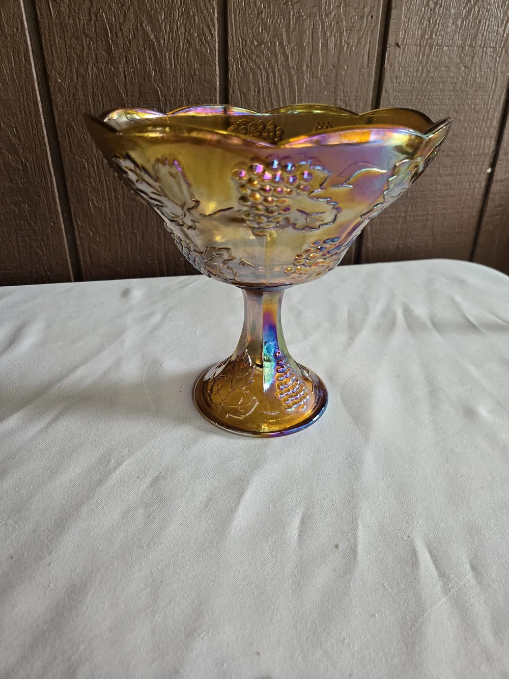 Vintage Indiana Marigold Amber Carnival Glass Harvest Grape Design Compote